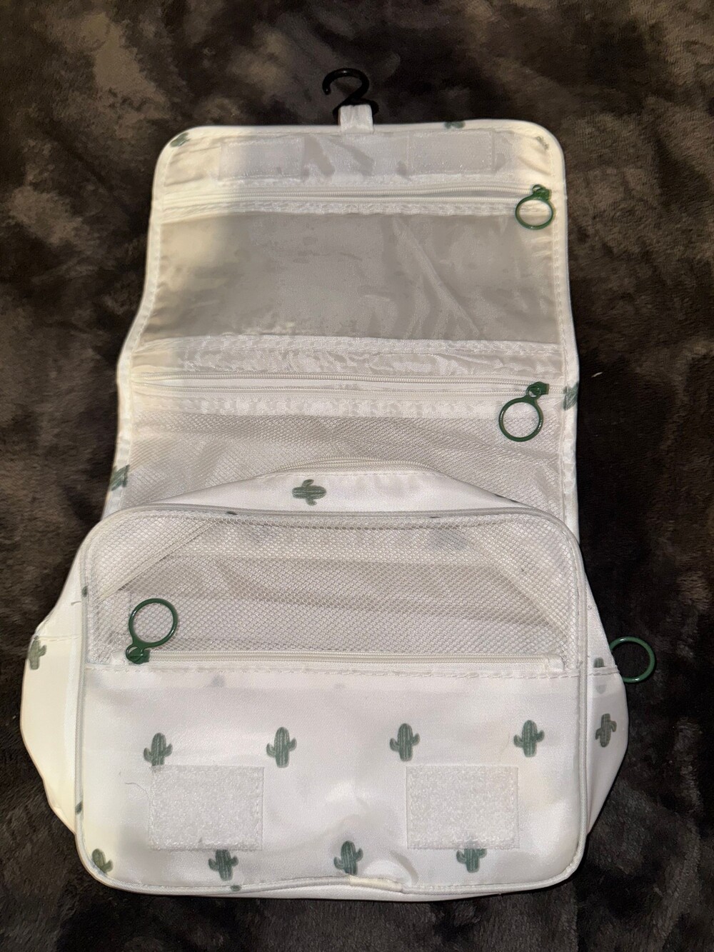 Travel Toiletry Bag White Fabric with Green Cactus Print Hanging Hook
